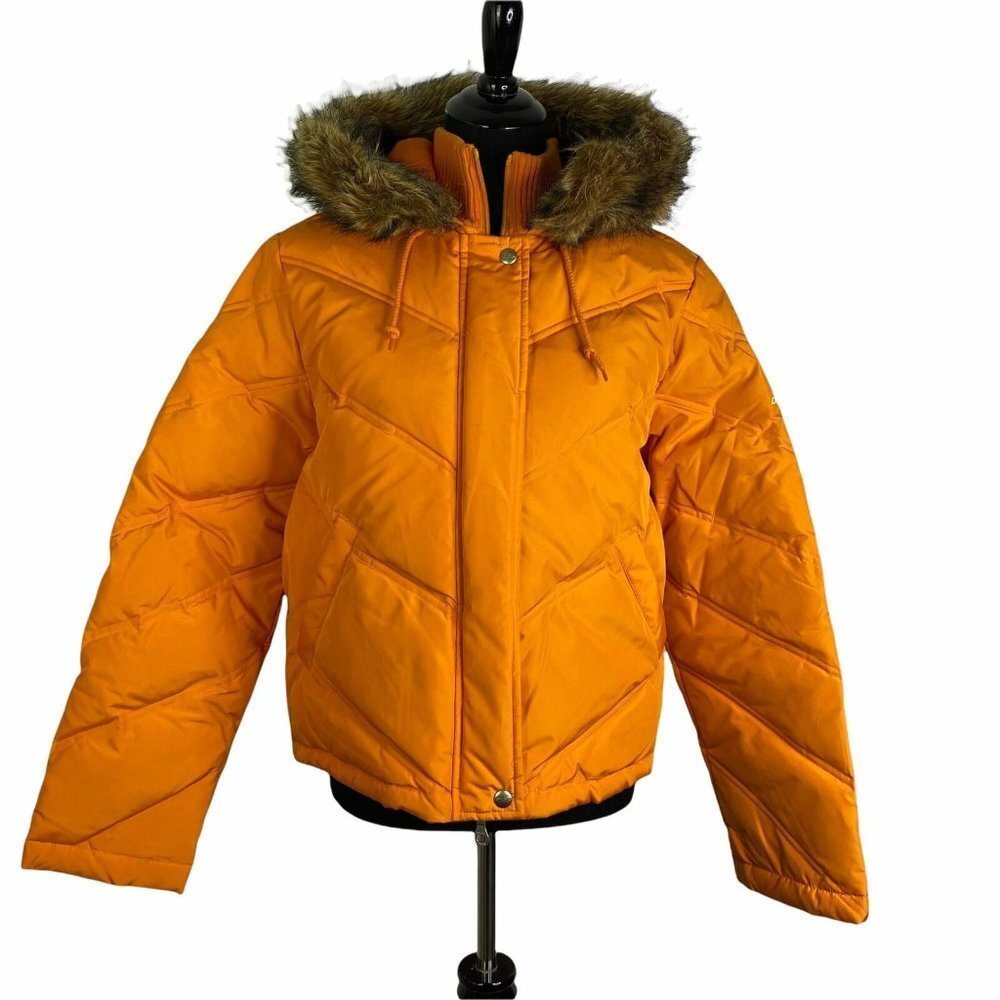 Dkny Womens Orange Long Sleeve Full Zip Fur Trim Hooded Parka Jacket Size Large